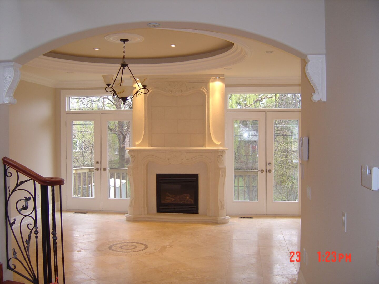 A Fireplace With White Mantle Space With Bulbs