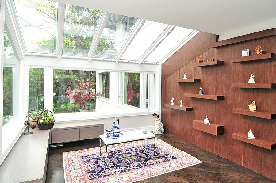 Floating Shelves in a Sun Room With Wood Layer
