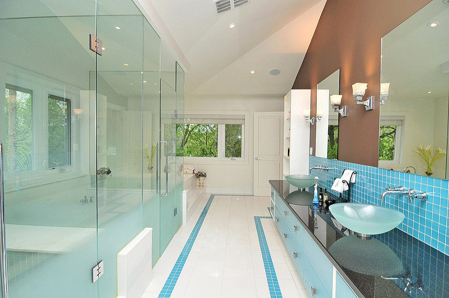 Glass Shower Cabinet With a Blue Themed Counters
